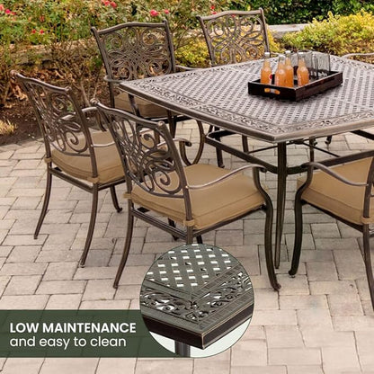 Hanover Traditions 9-Piece Patio Dining Set with 60" Square Cast-Top Dining Table and 8 Chairs with Tan Cushions, Modern All Weather Outdoor Dining Set with Rust-Resistant Aluminum Frames for Backyard