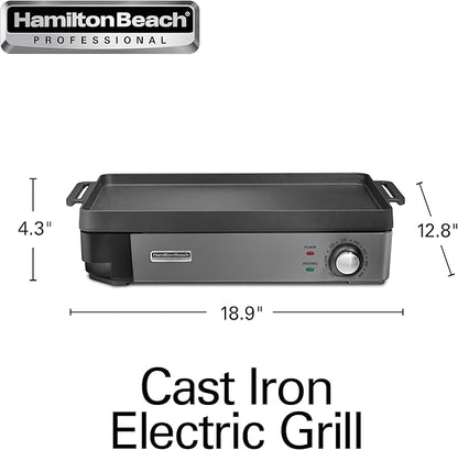 Hamilton Beach Professional Cast Iron Indoor Electric Grill & Griddle, 10" x 16" Preseasoned Cooking Surface, Adjustable Temperature up to 450° F, Black (38560)
