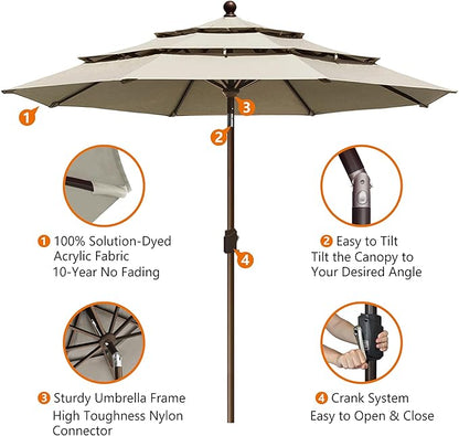 EliteShade USA 10-Year-Non-Fading 10ft 3-Tier Market Patio Umbrella, Commercial Grade Outdoor Table Umbrella with Crank Open, Windproof & UPF 50+ UV Protection, Heavy Duty Ventilation for Garden, Deck, Pool, Backyard, Beach & Bistro, Antique Beige