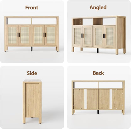 Rattan Buffet Cabinet with Storage, Sideboard with Doors, Console Table, Farmhouse Coffee Bar, Modern Wood Storage Cabinets(Oak 2.0)