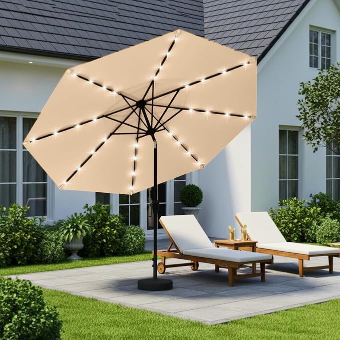 9' Solar LED Patio Umbrella with Tilt & Crank|8 Sturdy Ribs,UV Protection,Outdoor Market Table Umbrella for Deck,Lawn,Pool,Backyard (Khaki)