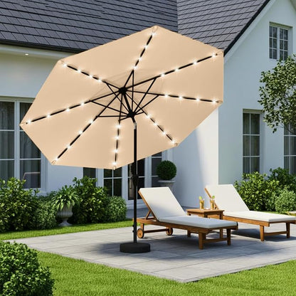 9' Solar LED Patio Umbrella with Tilt & Crank|8 Sturdy Ribs,UV Protection,Outdoor Market Table Umbrella for Deck,Lawn,Pool,Backyard (Khaki)