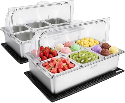 VEVOR Countertop Food Serving Display Container, Stainless Steel Food Salad Server Tray, Buffet Condiment Dispenser, Ice Cooled Rack with Clear Roll Top Cover, for Restaurant Hotel (6x1/6 Pan x2)