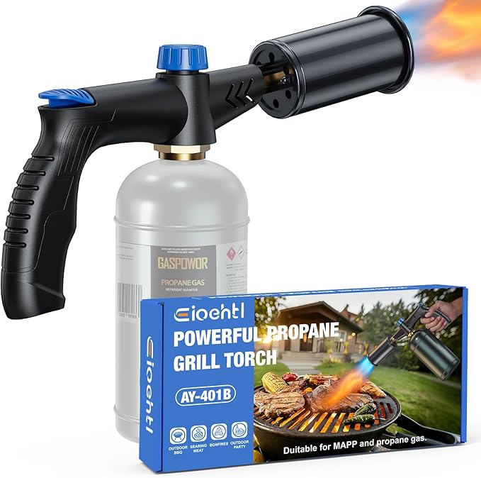 Propane torch with Ergonomic handle, One-Touch Ignition, Adjustable Flame, Propane torch gun with One-Piece Safety Design Ideal for Grill & Cooking, Sous Vide, Searing Steak, BBQ, Campfire Starter