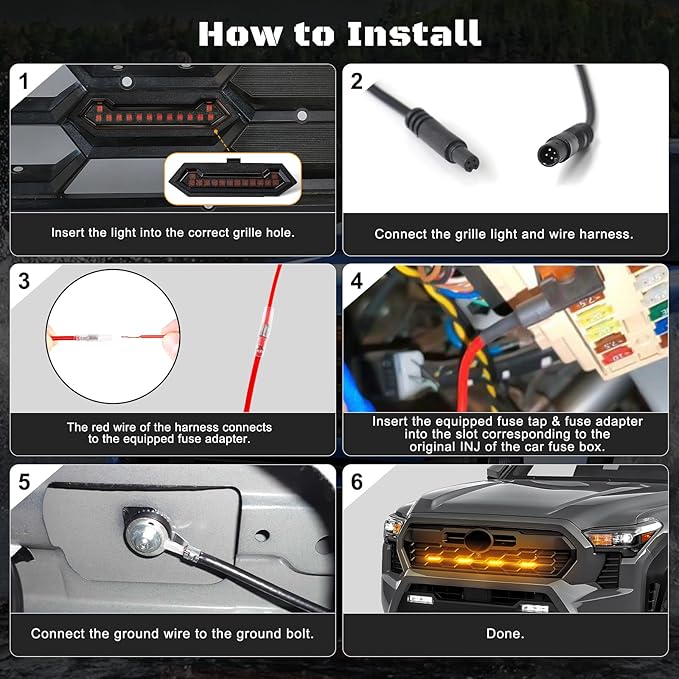 LED Grill Lights - 4PCS Front Grill Lights for Toyota Tacoma TRD Sport TRD Off-Road TRD Pre Runner 2024 2025 2026 with Fuse Adapter & Harness (Amber Light with Black Shell)