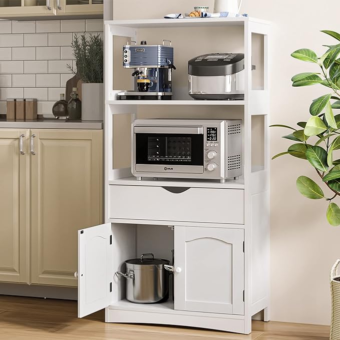 DICTAC Kitchen Pantry Storage Cabinets with Shelves,Drawer and Doors,Microwave Cart with Storage,Freestanding Floor Sideboard Cabinet with Microwave Space,Bookshelf,Display Unit for Home,White
