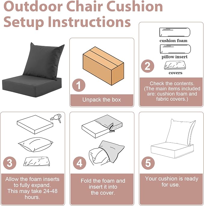 Outdoor Deep Seat Cushion Set, 24x24 Inch, Dark Grey, Set of 4 | Water-Resistant, Fade-Resistant, Removable Cover, For Patio Chair & Sofa&Furniture