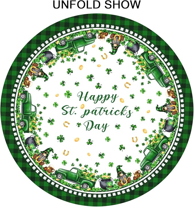 Sweetshow Happy St. Patrick's Day Gnomes Table Cloth Round Shamrock Trucks Green Hat Coin Buffalo Plaid Tablecloth 60 Inch Decor Washable Stain and Wrinkle Spring Round Table Cover for Dining Picnic