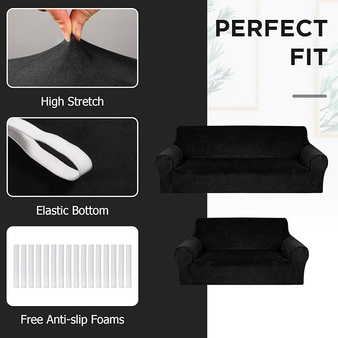 Peryiter 2 Pcs Couch and Loveseat Sofa Covers,Black,Velvet | Armchair Covers for Living Room, Sofa Cushion Slipcover 2/3 Seater, Furniture Protector, Polyester and Spandex, Washable