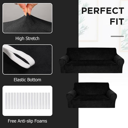 Peryiter 2 Pcs Couch and Loveseat Sofa Covers,Black,Velvet | Armchair Covers for Living Room, Sofa Cushion Slipcover 2/3 Seater, Furniture Protector, Polyester and Spandex, Washable