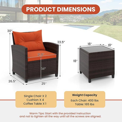 HAPPYGRILL 3 Pieces Patio Conversation Set, Outdoor Furniture Set PE Rattan Sofa Set with Removable Cushions, PE Wicker Chairs with Tempered Glass Side Table for Porch Lawn Garden Balcony Backyard