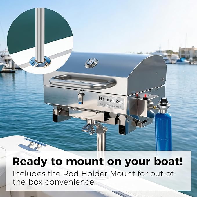 Halbtrocken 304 Stainless Steel Marine Gas Grill with Rod Holder Mount & Cover - 200 sq. in. Cooking Area, 12,000 BTU Propane Boat Grill - Perfect Compact Grill for Boating, Tailgating and Camping