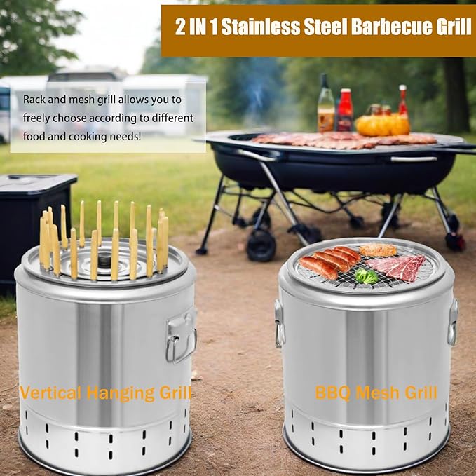 Portable Smokeless Barbecue Charcoal Barrel Grill, Stainless Steel Surround Charcoal Kebab Grill with 20 Skewers, 2-In-1 BBQ Grills for Outdoor Indoor Camping Picnics Gardens Parties