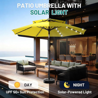 AreShark 9ft 2 Tiers Patio Umbrella with Solar Lights, Outdoor Umbrella w/ 32 LED Lights&8 Sturdy Ribs, Table Umbrella for Deck, Backyard, Pool(Yellow)