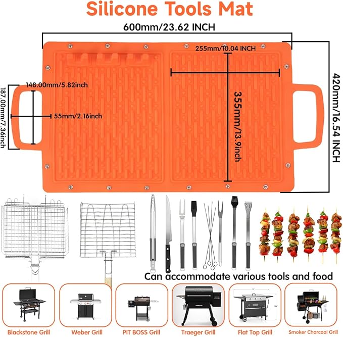 LIONROGE Large Silicone Grill Mat, Foldable Silicone Griddle Tools Spatula Mat with Drip Pad & Handle & Snap Buttons, Portable BBQ Side Shelf Mats Grill Pad for Blackstone Griddles Accessories,Orange