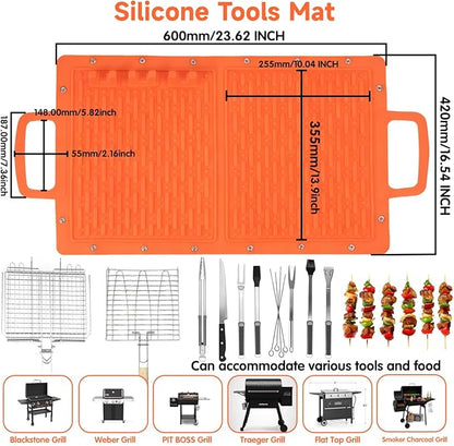 LIONROGE Large Silicone Grill Mat, Foldable Silicone Griddle Tools Spatula Mat with Drip Pad & Handle & Snap Buttons, Portable BBQ Side Shelf Mats Grill Pad for Blackstone Griddles Accessories,Orange