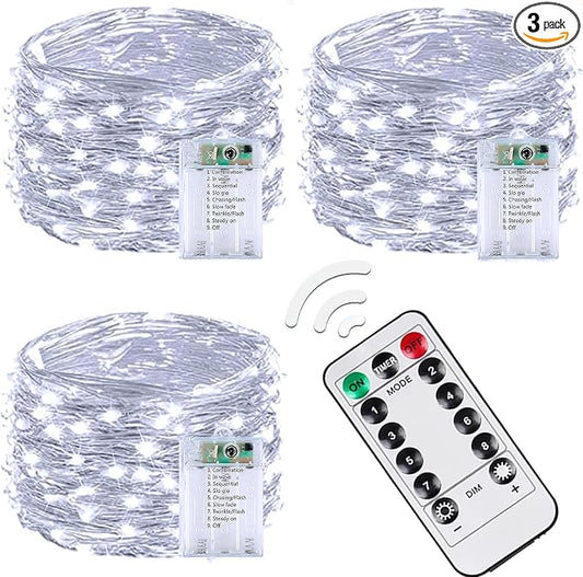 3 Pack 60 LED Fairy Lights Battery Operated with Remote, 20 FT Cool White | Cuttable, 8 Modes, Memory, Dimmable, Waterproof Battery String Lights with Timer for Indoor Outdoor, Christmas Decorations