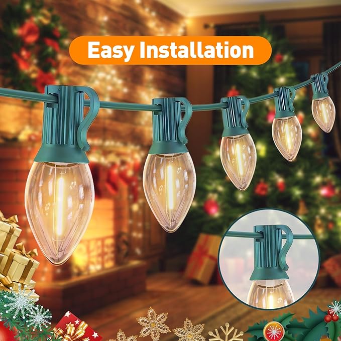 C7 LED Christmas & Halloween Lights - 12FT Outdoor Clear String Lights with 12 Vintage C7 Bulbs, Warm White Hanging Decor for Porch, Garden, Backyard, Balcony, Holiday Party