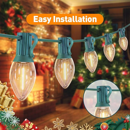 C7 LED Christmas & Halloween Lights - 12FT Outdoor Clear String Lights with 12 Vintage C7 Bulbs, Warm White Hanging Decor for Porch, Garden, Backyard, Balcony, Holiday Party