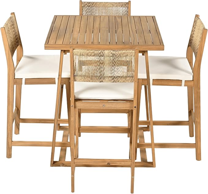 Christopher Knight Home Barron 5-Piece Acacia Wood Patio Bar Set, Patio Bar Table and Stools Set, Soft Seat Cushions, Rattan/Wicker Dining Set for Garden, Backyard, Poolside, Balcony, Teak + Beige