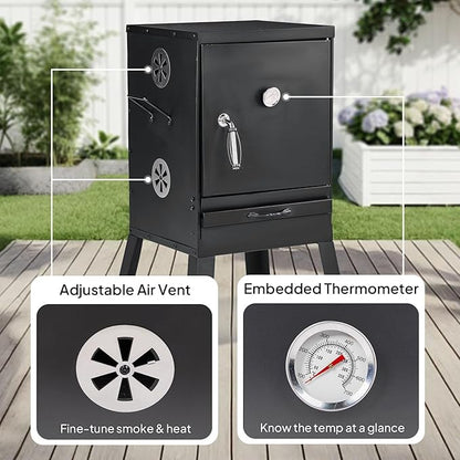 ROVSUN 2-in-1 Outdoor Smoker with Door, Vertical Portable Charcoal Grill with Two Detachable Grill Smoking Racks and Charcoal Pan, Perfect for Camping Barbecue, Small Families, Black