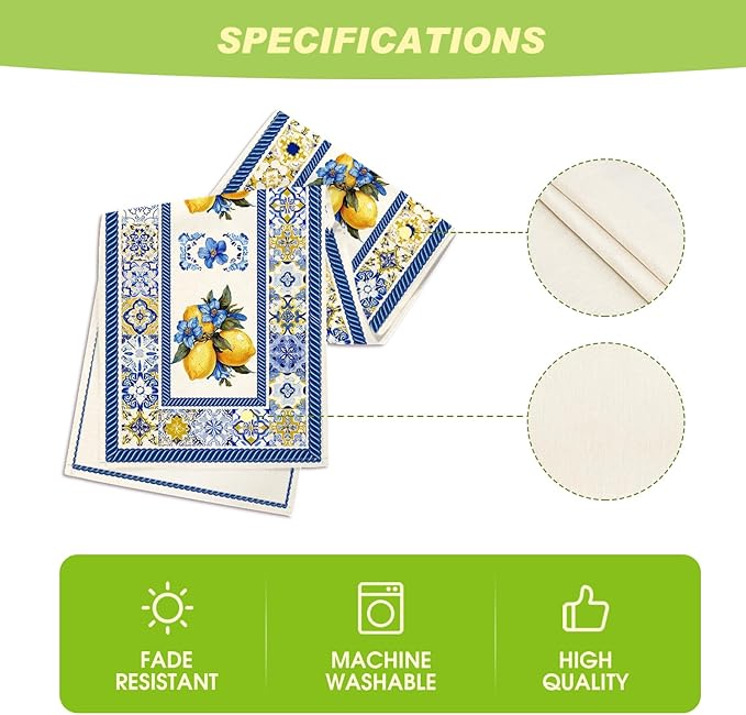 Artoid Mode Lemon Flowers Blue and White Porcelain 210 GSM Summer Table Runner, Seasonal Spring Kitchen Dining Table Decoration for Home Party Decor 13x60 Inch