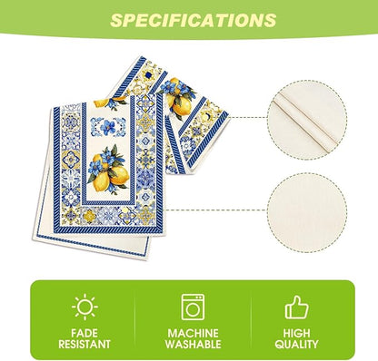 Artoid Mode Lemon Flowers Blue and White Porcelain 210 GSM Summer Table Runner, Seasonal Spring Kitchen Dining Table Decoration for Home Party Decor 13x48 Inch