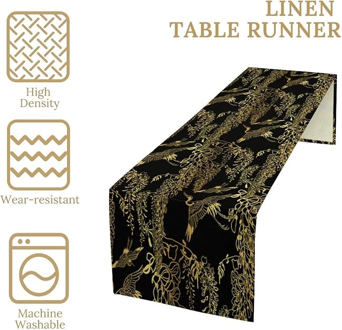 Japanese Table Runner Oriental Gold Cranes Vintage Asian Chinese Traditional Dinner Runner Table Decoration for Home Kitchen Dining Table Holiday Party 13x90in