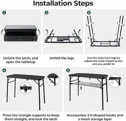 Folding Camping Table with Storage Net,3ft Portable Aluminum Folding Table with 3 Adjustable Height Max 27.3 Inch for Outdoor Backyard BBQ Picnic Cooking Tents Beach Indoor Bedroom（Silver）