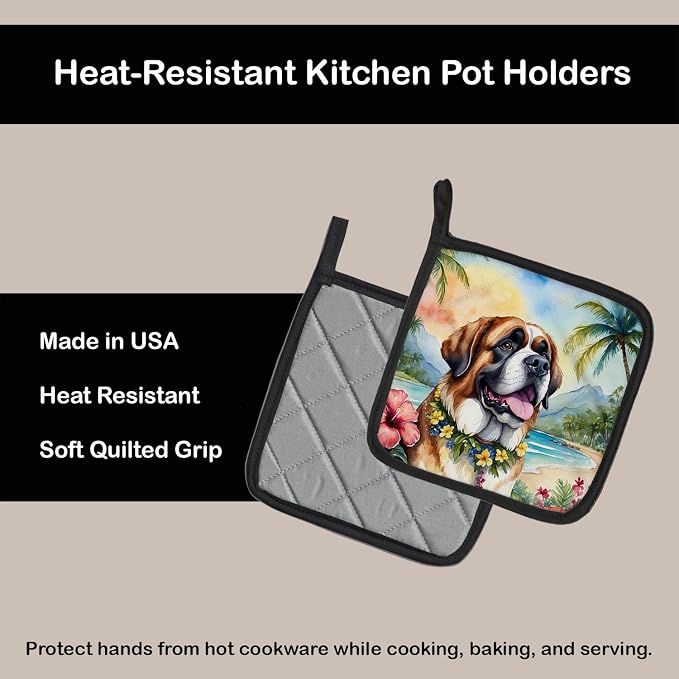 Caroline's Treasures Saint Bernard Luau Pair of Pot Holders Kitchen Heat Resistant Pot Holders Sets Oven Hot Pads for Cooking Baking BBQ, 7 1/2 x 7 1/2
