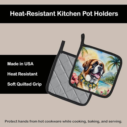 Caroline's Treasures Saint Bernard Luau Pair of Pot Holders Kitchen Heat Resistant Pot Holders Sets Oven Hot Pads for Cooking Baking BBQ, 7 1/2 x 7 1/2