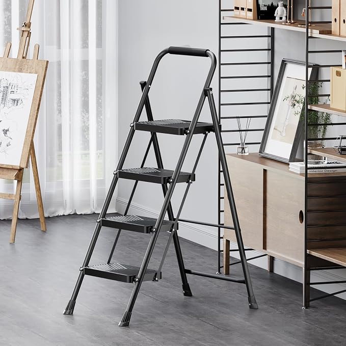 KINGRACK 4 Step Ladder, Folding Step Stool with Anti-Slip Pedals | Heavy Sturdy Steel ladder with Handrail, Safe-Lock Design, Multi-Purpose, Home, Kitchen, Pass 500lbs Load Testing, Black