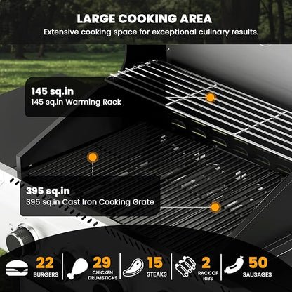 Electactic 4-Burner Gas Grill with Side Burner, Stainless Steel Propane Grill with Built-In Thermometer, 42000BTU BBQ Grill for Outdoor Cooking, Patio and Backyard Barbecues