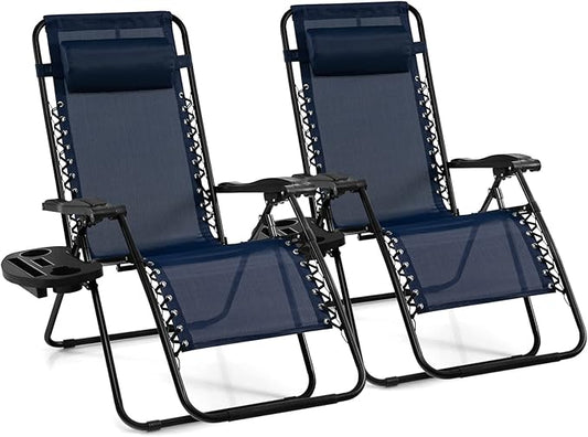 Giantex 2 PCS Zero Gravity Chair, Outdoor Chaise Lounge with Cup Holder, Patio Folding Chairs Recliner for Yard Pool Lawn Balcony