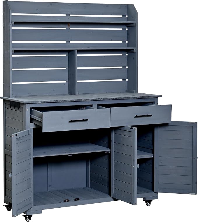 Outdoor Grill Cart with Storage Cabinet, Wood Outdoor Kitchen Island Prep Cart Grill Station for Food Prep and BBQ, Gray