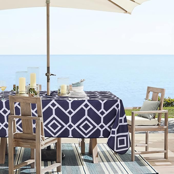 LUSHVIDA Moroccan Outdoor Tablecloth with Umbrella Hole and Zipper, 60 x 102 Inch Navy, Rectangle Waterproof Wrinkle Free Table Cloth Decorative Fabric Washable Table Cover for Patio, Party, Picnic