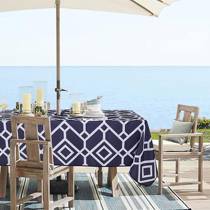 LUSHVIDA Moroccan Outdoor Tablecloth with Umbrella Hole and Zipper, 60 x 120 Inch Navy, Rectangle Waterproof Wrinkle Free Table Cloth Decorative Fabric Washable Table Cover for Patio, Party, Picnic