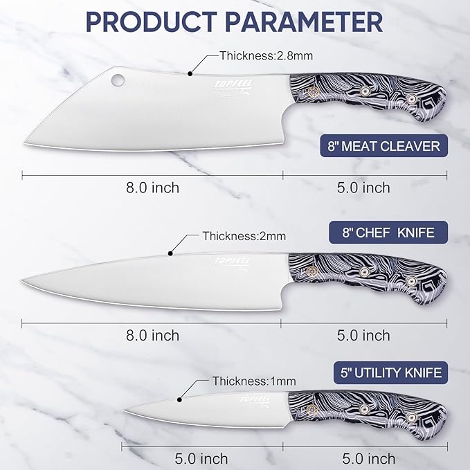 Topfeel 3PCS Professional Chef Knife Set, Ultra Sharp Japanese Kitchen Knife, German High Carbon Stainless Steel 8" Meat Cleaver 8" Chef's Knives 5" Utility Knife with Gift Box