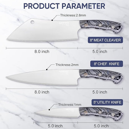 Topfeel 3PCS Professional Chef Knife Set, Ultra Sharp Japanese Kitchen Knife, German High Carbon Stainless Steel 8" Meat Cleaver 8" Chef's Knives 5" Utility Knife with Gift Box