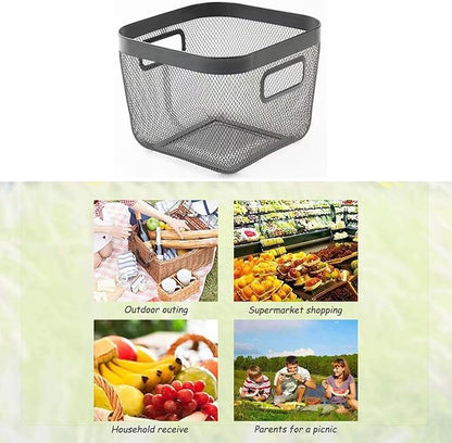 AJIODA Metal Mesh Steel Baskets, Household Wire Storage Organizer Bin Garden Harvest Basket Multi-functional Fruit Baskets with Handles for Kitchen Bathroom Picnic Shopping Decor Cabinet Home, Black