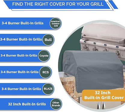 Covers & All Built-in Grill Cover for Outdoor Grill – Heavy Duty 18 oz Waterproof Built-in BBQ Grill Cover, PVC-Coated Polyester with Elastic Hem for Snug Fit (32 x 26 x 24 inches, Grey)