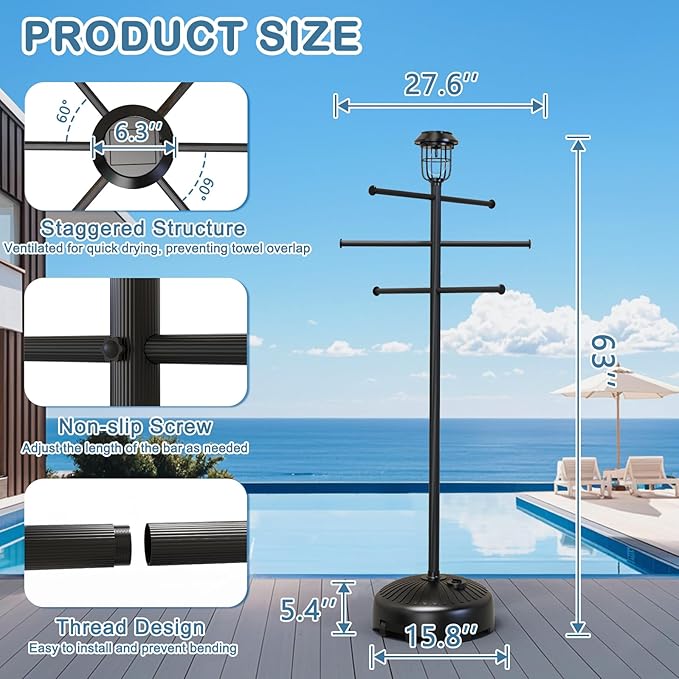 Solar Light Pool Towel Rack with Wheels & Stable Water Base | Solar Light • Easy-Roll Wheels • 63" Tall • Adjustable Bars • Stable Water Base • for Patio, Bathroom, Hot Tub