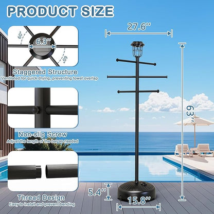 Solar Light Pool Towel Rack with Wheels & Stable Water Base | Solar Light • Easy-Roll Wheels • 63" Tall • Adjustable Bars • Stable Water Base • for Patio, Bathroom, Hot Tub