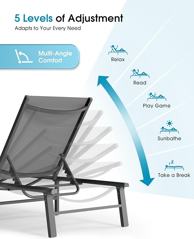 Ciokea Foldable Outdoor Lounge Chair Set of 2 with 1 Aluminum Side Table, Pool Lounge Chairs with Portable Design for Pool, Beach, Deck, Patio, Grey