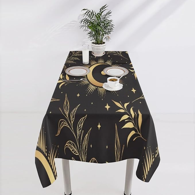 Sun Moon Tablecloth Vintage Boho Astrology Gold Celestial Star Galaxy Space Table Cloth Water Resistant Wipeable Table Cover for Picnic Party Holiday Kitchen Dinner Table 60"x110"
