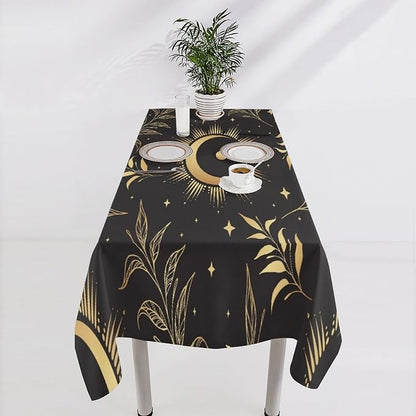 Sun Moon Tablecloth Vintage Boho Astrology Gold Celestial Star Galaxy Space Table Cloth Water Resistant Wipeable Table Cover for Picnic Party Holiday Kitchen Dinner Table 60"x110"