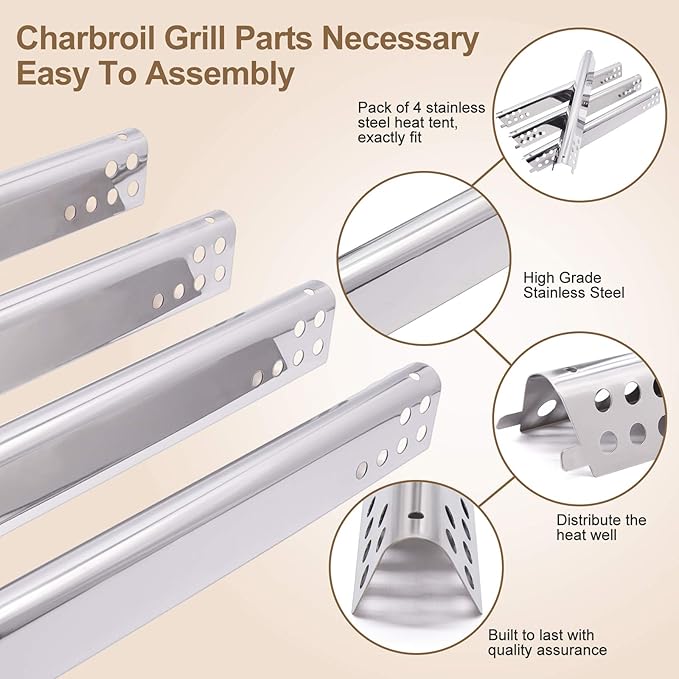 Criditpid Grill Replacement Parts for Charbroil 463344015, 463343015, 463433016, 463240015, 463432215 Gas Grill, Stainless Steel Heat Plate Shields, Crossover Tubes Burner for Charbroil 4 Burner