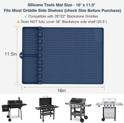 Silicone Grill Mat Compatible with Blackstone, BBQ Griddle Tools Mat with Drip Pad, Large Spatula Holder for Outdoor Kitchen Counter, Gifts for Men (Blue)
