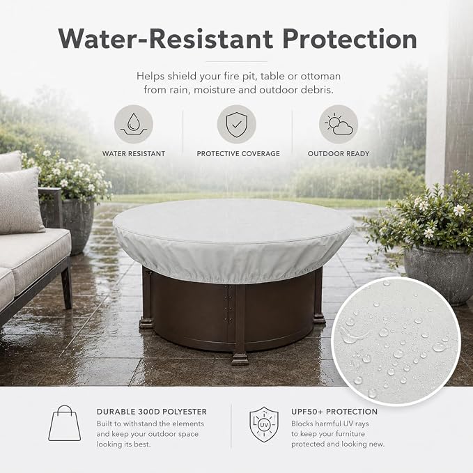 Treasure Garden Round Fire Pit Cover, 300D Polyester Outdoor Table & Ottoman Cover, Water Resistant, UPF50+ UV Protection, Elastic Hem, Spring Cinch Lock, Built-In Storage Pouch, Gray, 55 in