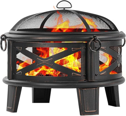 Breezz 26 Inch Wood Burning Fire Pit with Cooking Grill and Spark Screen, Outdoor Metal Round Firepit for Patio, Backyard, Bonfire Party, Camping
